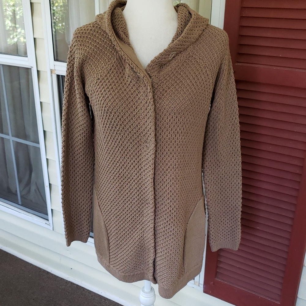 SPARROW Scallop Stitch Hooded‎ Cozy Tan Snap Front Swing Women's L Sweater